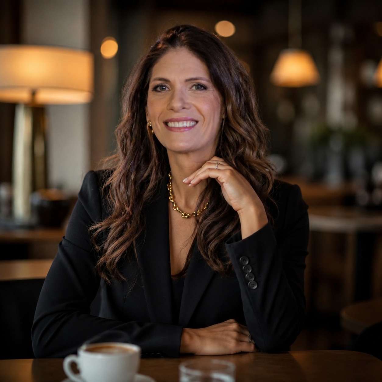 Camila De Rosso em um ambiente de café